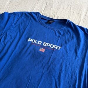 Vintage Polo Sport Ralph Lauren Spell Out Logo USA Flag T-Shirt 90s Y2K